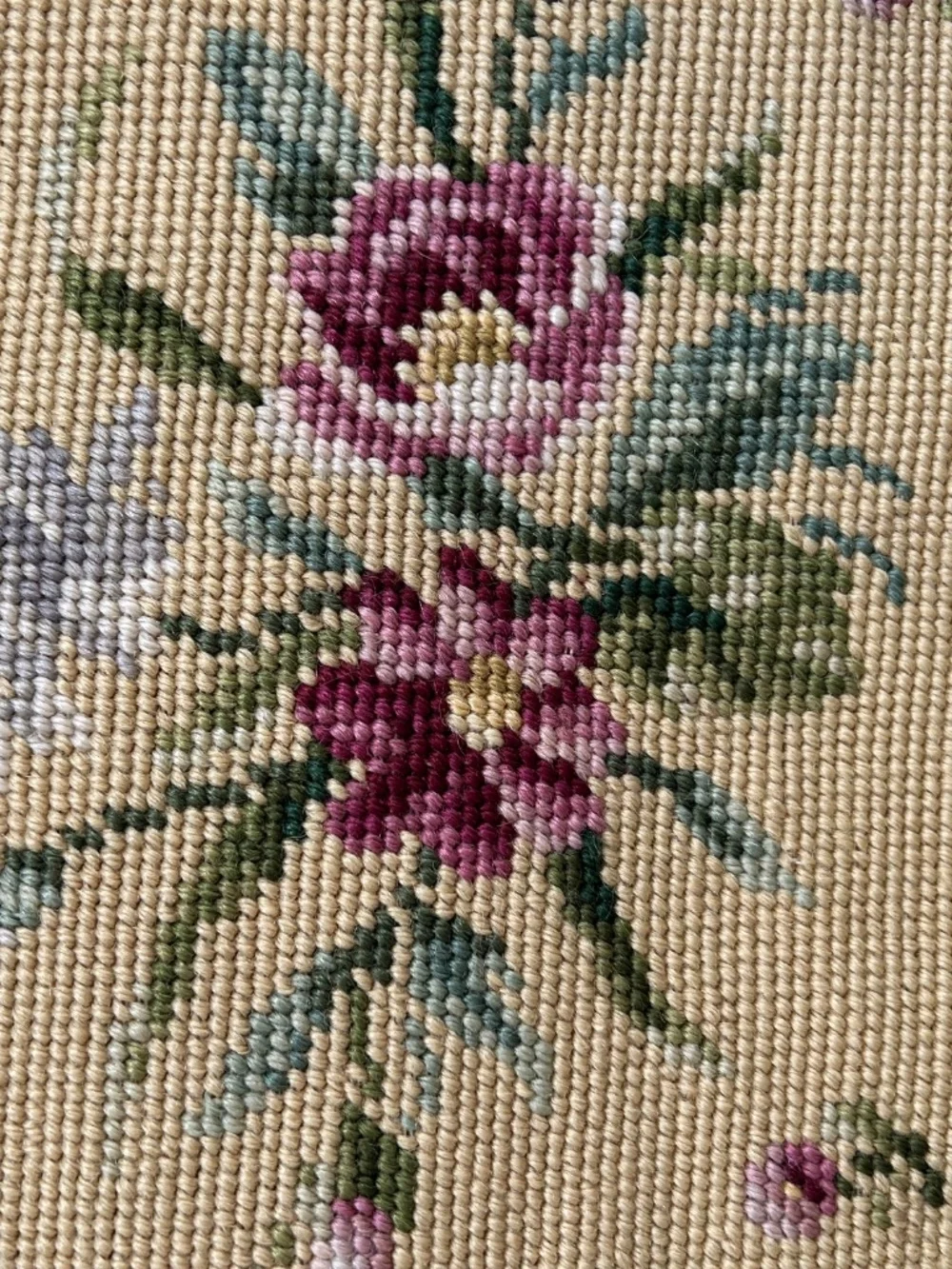antique Vintage Needlepoint teal red pink flowers accent velvet backed pillow